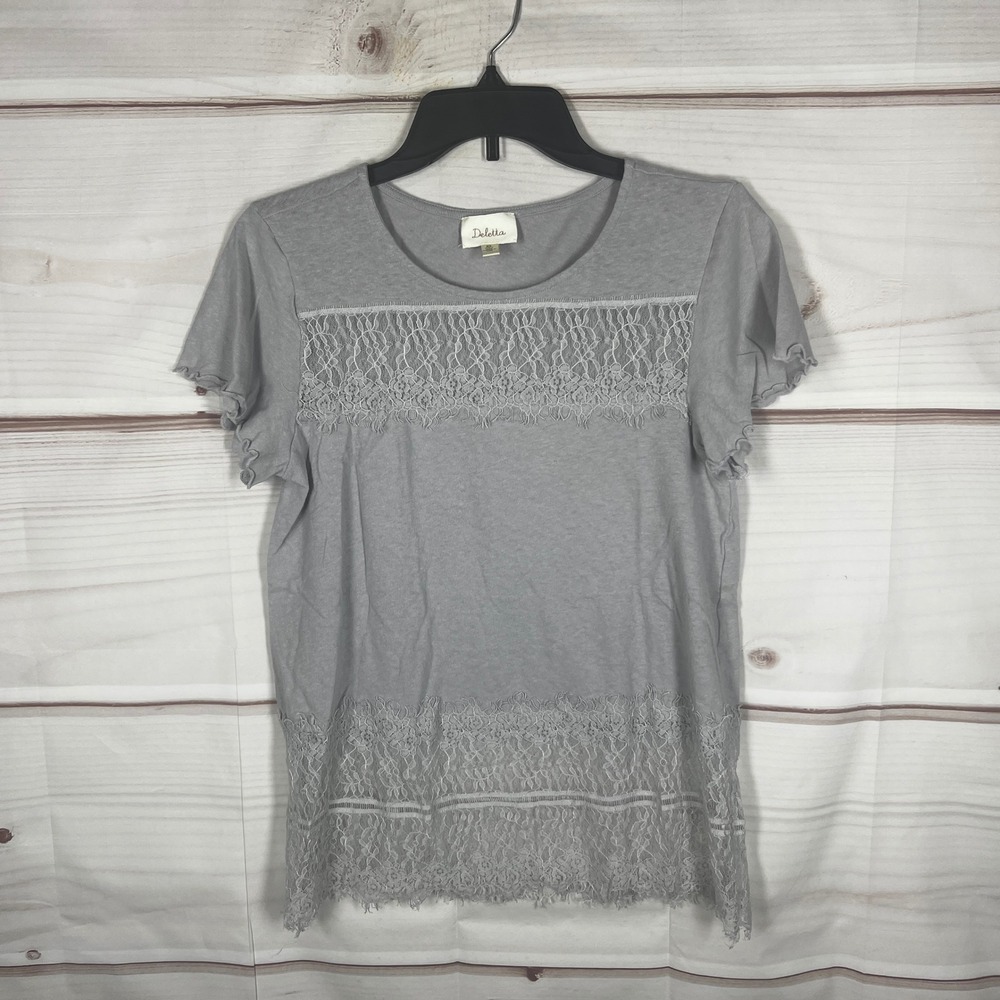 Deletta Short Sleeve T-Shirt Womens XS Gray Solid Lace Trim Linen Blend Top Boho